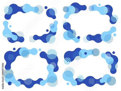 水色と青の繋がった円とドットとストライプ柄の円の飾りフレームセット