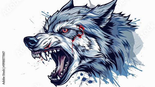 Aggressive wolf head illustration with red eyes and open mouth isolated