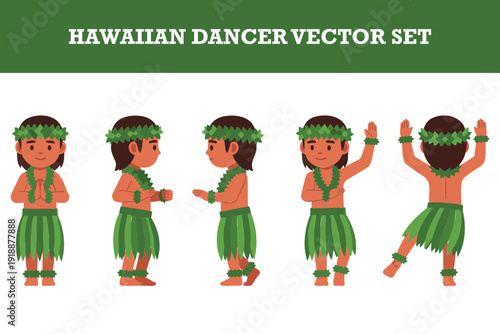 Cute cartoon illustrations of traditional hawaiian dancers in green hula outfits and leaf garlands performing various dance poses vector set