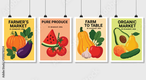Set of 4 Organic Farm Fresh Produce Market Posters Flat Vector