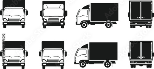 Box truck delivery vehicle vector set with front, side and rear views, black cargo transport silhouettes isolated on white background