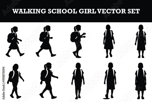 Cute cartoon vector set of a schoolgirl walking and standing in various poses with backpack and uniform dress isolated
