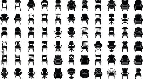 Chair silhouettes collection with modern, classic and office seating designs isolated on white background, furniture vector illustration set