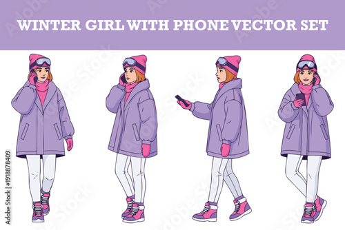 Cute cartoon winter girl character wearing warm coat hat and goggles talking on smartphone vector illustration set isolated