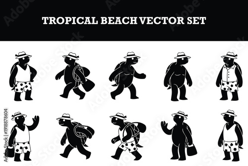 Cute tropical beachthemed cartoon characters vector set featuring playful figures in summer outfits and accessories