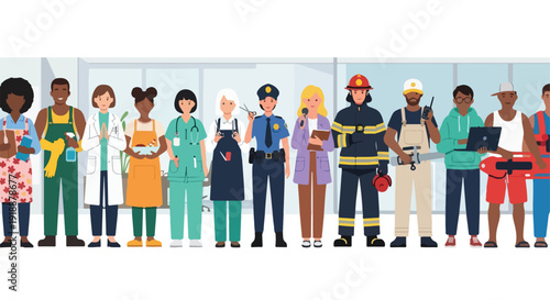 Diverse Group of People in Various Professional Uniforms Illustration