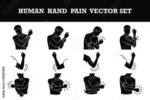Human hand and arm pain vector illustration set showing various types of discomfort and injuries isolated design