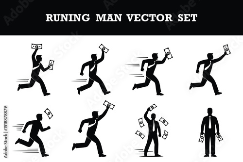 Vector illustration of a running businessman holding money in various poses and actions isolated set