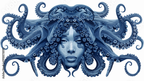 Fantasy illustration of a woman with octopus tentacles in a dark blue hue