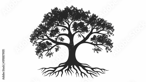 Silhouette of a majestic tree with root system on a white background