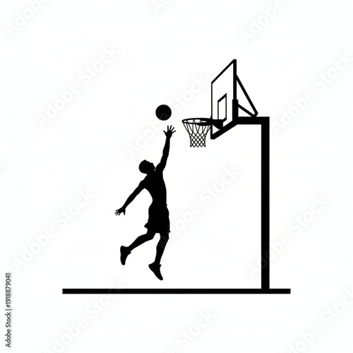   Silhouette of a basketball player jumping for a layup or dunk with a hoop on white background