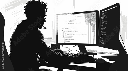Silhouette of a person working on a computer with dual monitors