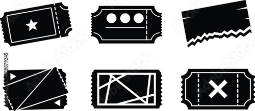 Creative ticket icon set with star, cross and abstract line designs, black event admission pass silhouettes and coupon voucher templates isolated on white background