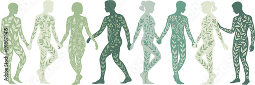 Diverse human silhouettes holding hands with botanical leaf patterns set isolated on white background, eco unity and nature connection vector illustration collection