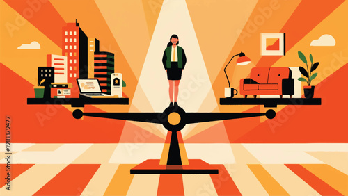 Illustration Of A Large Scale Of A Tall Building, A Laptop, An Id Badge And The Other Side Contains A Sofa, A Plant, A Coffee Mug, A Professional, Showing The Balance Of Life Vector Design Template