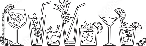 Hand drawn cocktail glasses and drinks set, sketch style bar illustration
