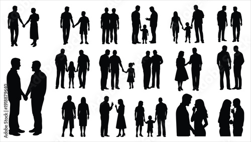 Silhouettes of people in pairs and small groups engaging in conversation and interaction, perfect for illustrating social behavior, relationships, and inclusive design concepts.