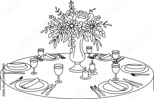 Elegant round dining table setup with flowers, hand drawn sketch illustration