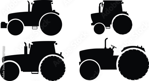 Farm tractor silhouette vector icons set with agricultural vehicles in side views, black heavy duty machinery isolated on white background