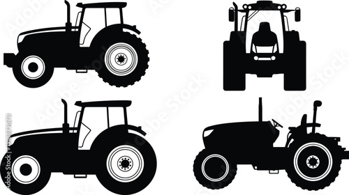 Farm tractor silhouette vector collection with agricultural vehicles in side and front views, black heavy duty machinery icons isolated on white background
