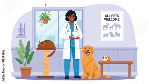 Veterinarian with Various Pets – Flat vector illustration of a friendly vet standing alongside a dog, cat, and rabbit, representing inclusive and compassionate pet care in a modern flat style