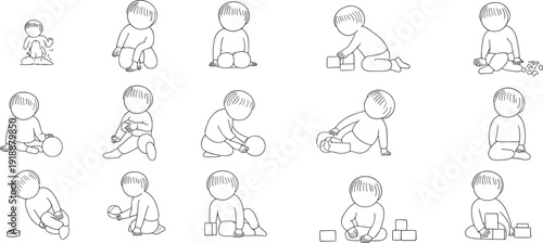 Hand drawn baby activity poses set isolated on white background, cute toddler playing, sitting and crawling outline vector illustration collection