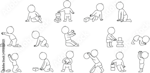 Hand drawn toddler activity poses set isolated on white background, cute baby playing, stacking blocks, walking and crawling outline vector illustration collection