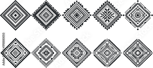 Ethnic Tribal Diamond Ornament Set with Traditional Geometric Patterns and Aztec Style Motifs