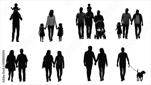  Inclusive family silhouette set featuring diverse adults and children, wheelchair users, dog walking, caregiving moments, and unity-focused lifestyle scenes in black vector style