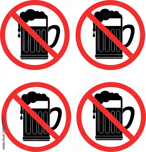No Alcohol Prohibition Sign Set with Beer Mug Silhouette and Red Forbidden Circle