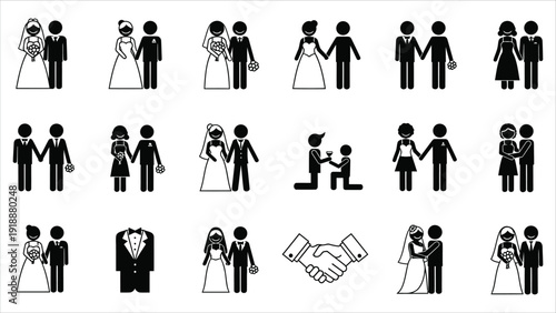 nclusive wedding icon set showcasing same-sex couples, diverse marriage ceremonies, LGBTQ+ proposals, civil unions, and gender-neutral romantic relationship symbols