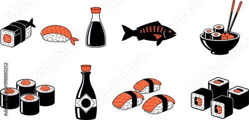 Japanese Cuisine Icon Set with Salmon Sushi Rolls Nigiri Soy Sauce and Fish Silhouette