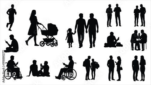 Inclusive silhouette collection featuring diverse people in urban public settings, highlighting mobile device usage, family moments, accessibility themes, and everyday social interactions