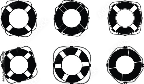 Lifebuoy silhouettes set with various life ring designs and rope details isolated on white background maritime safety vector collection