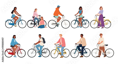 Diverse Group of People Cycling Vector Illustration Set