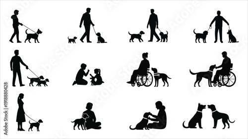 People and Dogs Silhouette Set – Black vector illustration featuring children and adults enjoying family pet activities such as walking, training, and playing, highlighting inclusive lifestyle scenes
