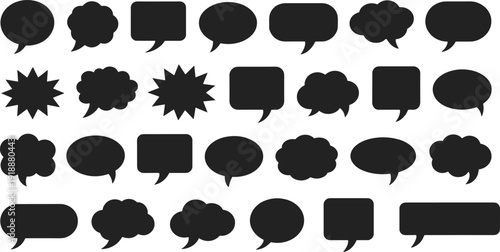 Black speech bubble silhouette set with comic dialog boxes and chat icons, blank message shapes collection for communication design, vector illustration isolated on white.