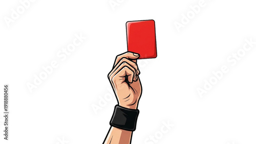 Black Outline Colorful Illustration of a Referee Holding Up a Card, Sports Match Decision and Tension Concept