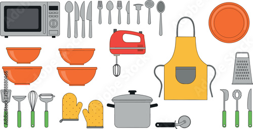 Set of Kitchen Tools and Appliances with Microwave Electric Mixer Apron and Cooking Utensils