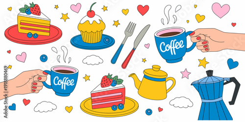 colorful dessert and coffee illustration, layered cakes with fruit, cupcakes with cherries, steaming mugs, cheerful background for professional culinary achievement badges and high-ranking pastry chef