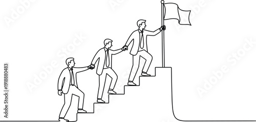 Business team climbing stairs together holding hands toward flag goal, teamwork leadership and success concept, line art outline vector illustration isolated on white.