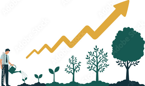 Business growth concept illustration with man watering plant stages and upward arrow chart, startup progress and investment success metaphor, flat vector isolated on white.