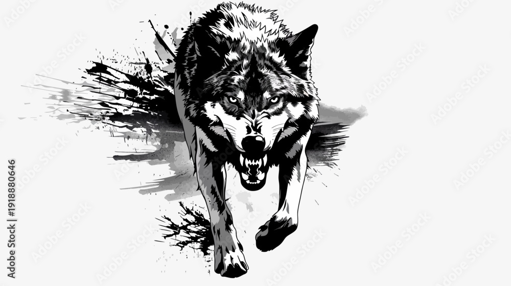 Obraz premium Dramatic monochrome illustration of a powerful wolf in motion with ink splash effect
