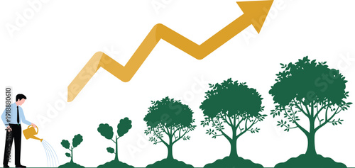 Businessman watering plants showing business growth stages with rising arrow chart, startup development and financial success concept, flat vector illustration isolated on white.