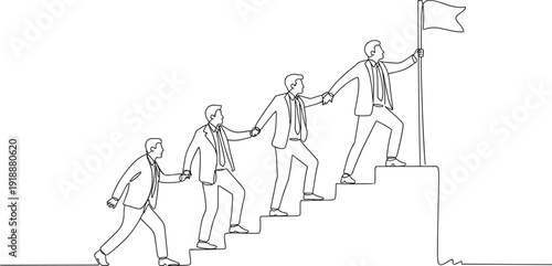 Businessmen climbing stairs holding hands toward success flag, teamwork and leadership concept, corporate goal achievement illustration, continuous line art vector isolated on white.