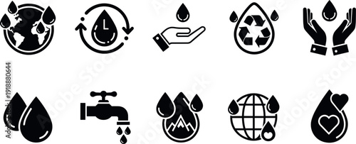 Water Conservation Icon Set with Ecology Symbols Recycling Earth Globe and Water Tap