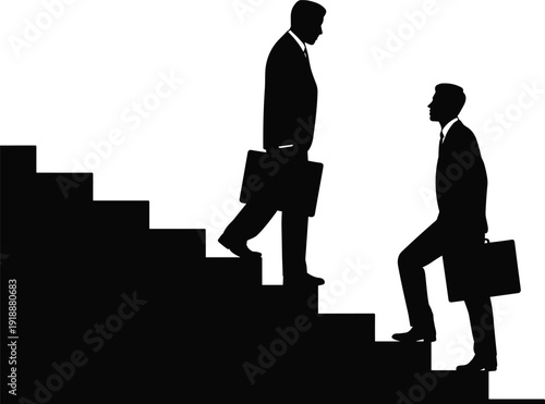 Businessmen climbing stairs silhouette with briefcases, career growth and corporate success concept, leadership competition and progress symbol, black vector illustration isolated on white.