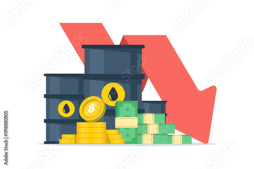 Vector illustration of oil barrels, money, and descending graph. Symbolizes oil market decline, price reduction, and economic or financial trends in flat design.