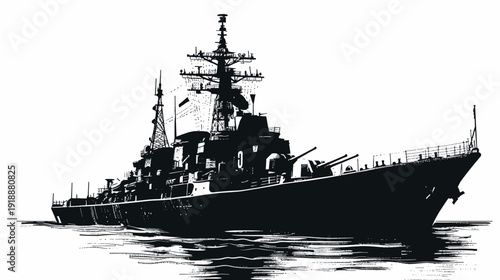 Silhouette of a naval warship on water isolated on white background