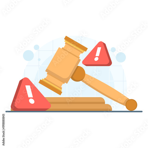 Flat vector of a gavel with warning triangle, illustrating legal errors, court process issues, justice warnings, and law system alerts on white background.